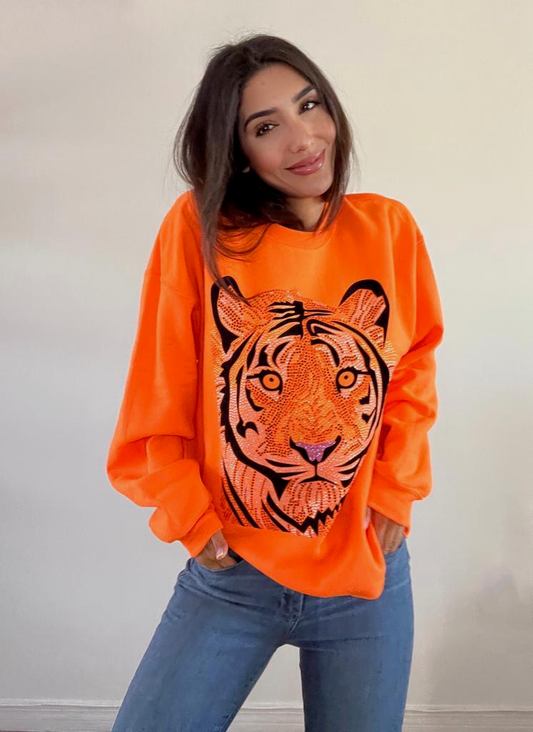 Sweatshirt, Crewneck Neon Orange, Tiger Face