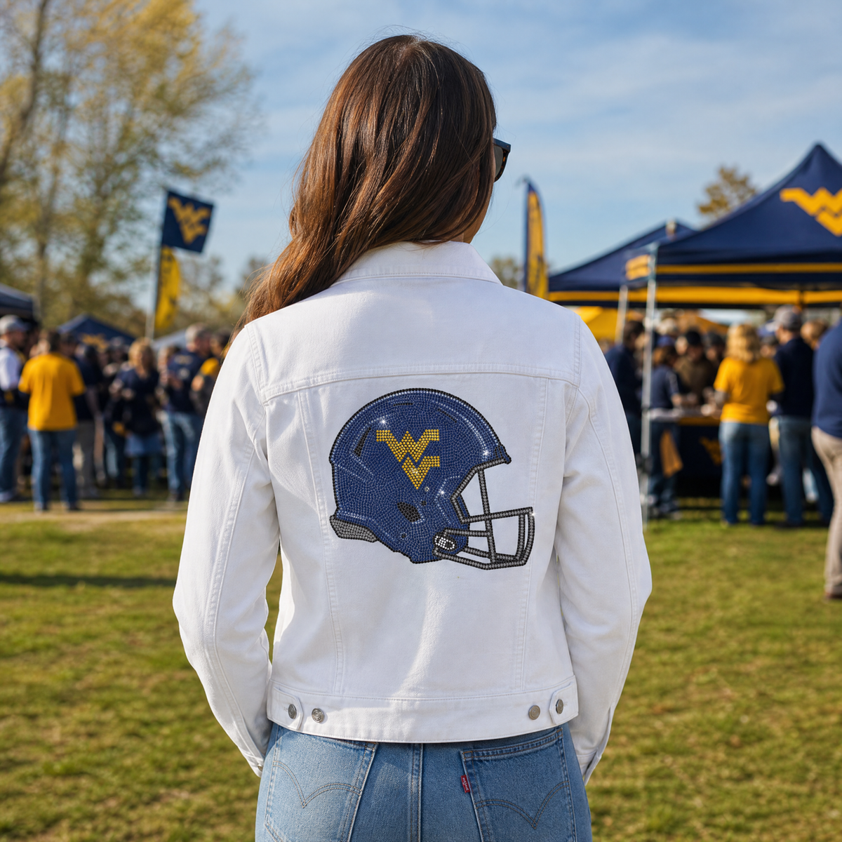 West Virginia Helmet White Denim Jacket