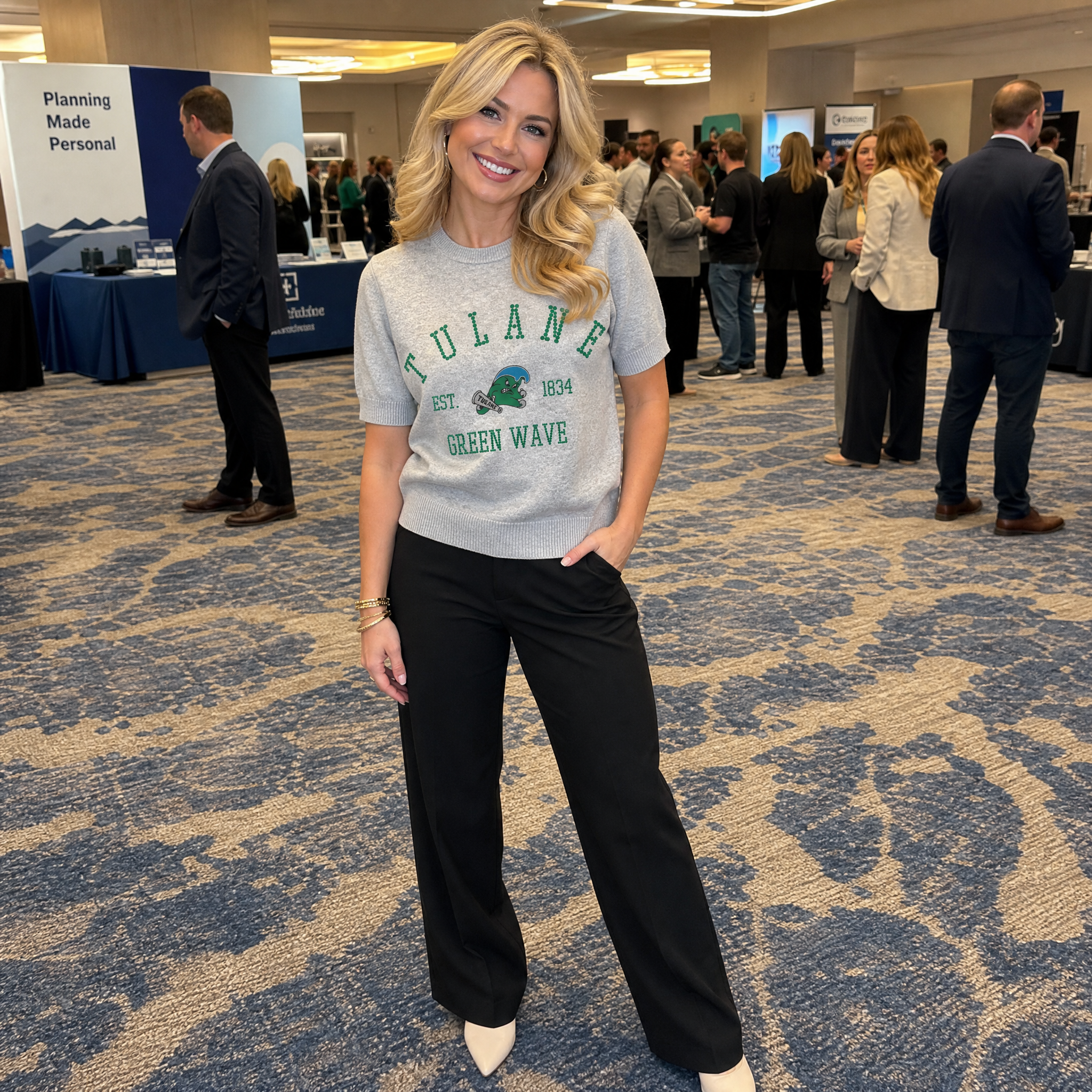 Tulane Vintage Green Wave EST 1834 Grey Crewneck Short Sleeve Sweater