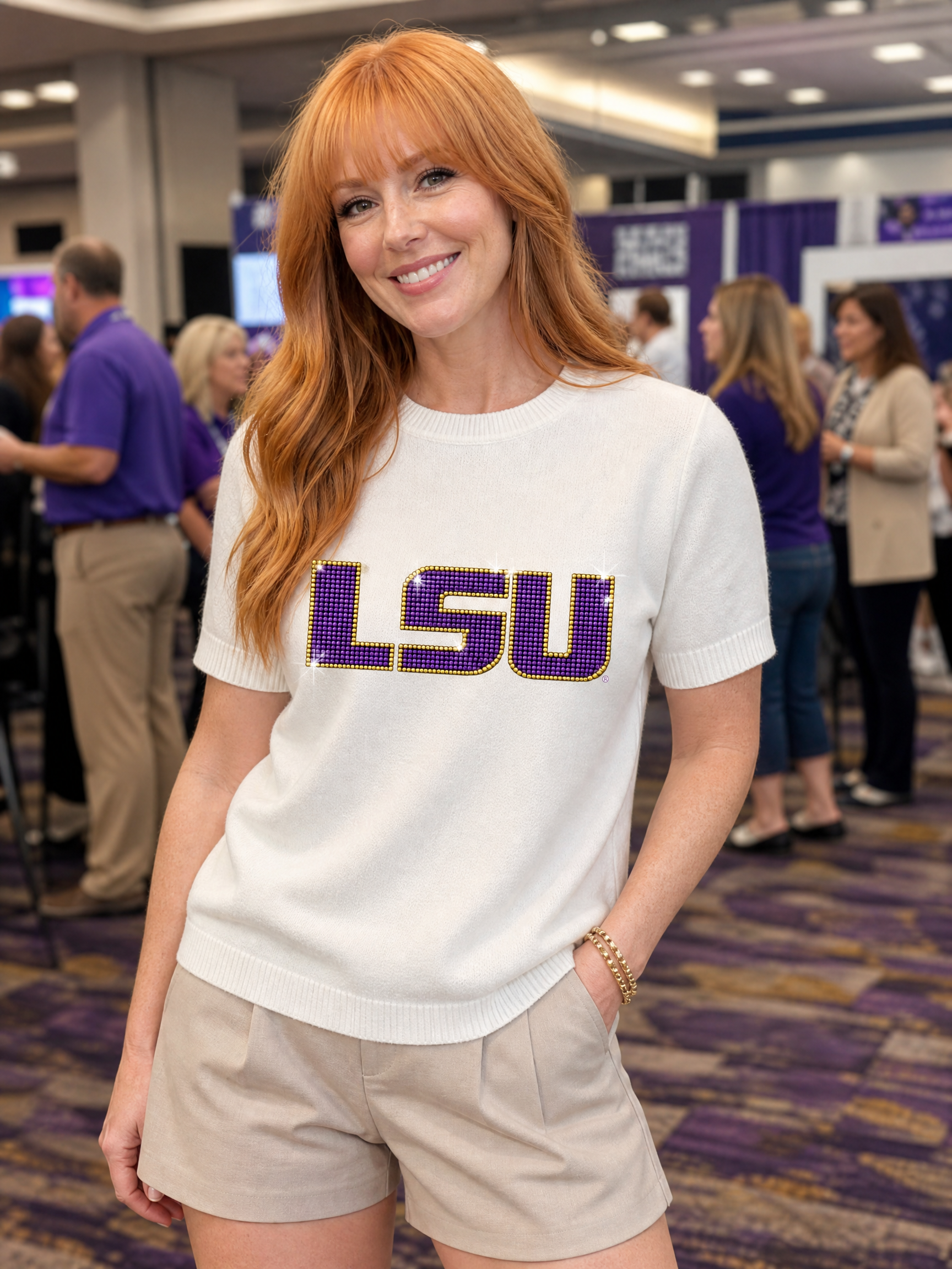 LSU Crystal Block Letters Ivory Crewneck Short Sleeve Sweater