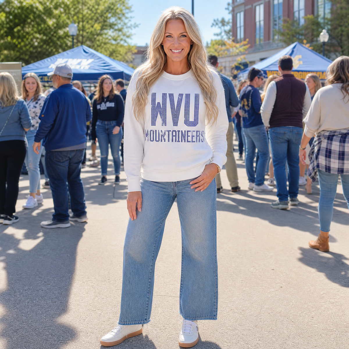 West Virginia WVU Block Mountaineers White Crewneck Sweatshirt