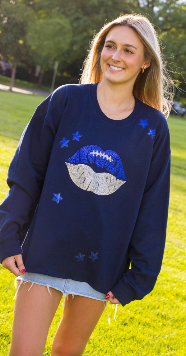 Game Day Sweatshirt, Crewneck Navy, Blue/Silver Lips