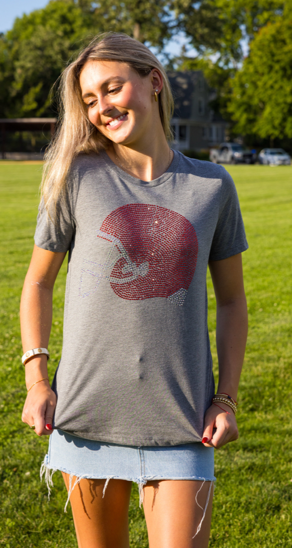 Game Day T-Shirt, Short Sleeve Gray, Red Crystal Football Helmet