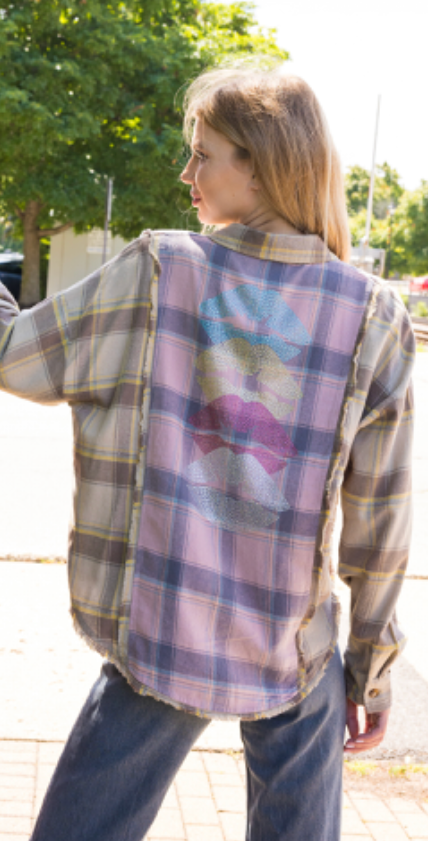 Shirt, Flannel Pink Plaid, Lips Line Up