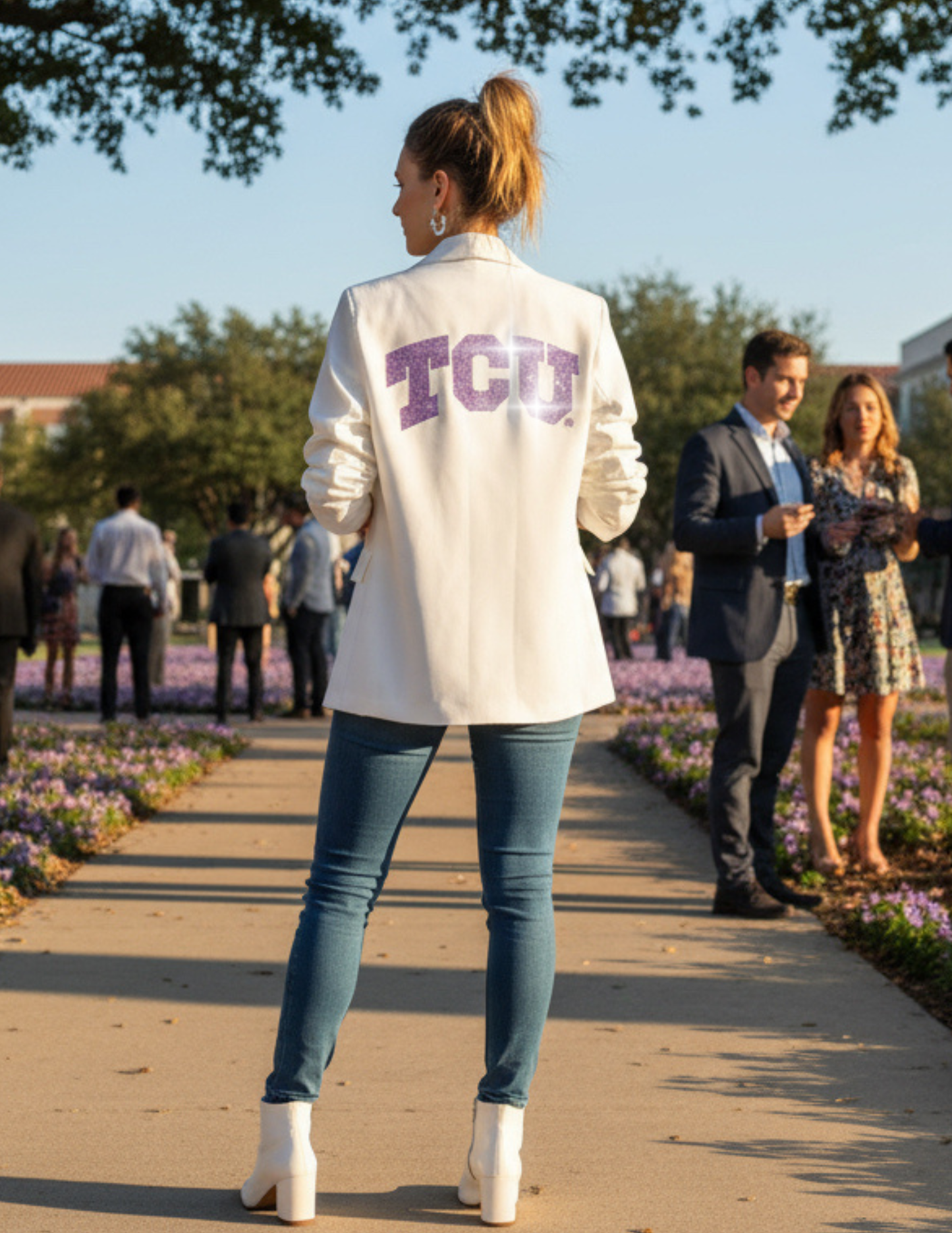 TCU Crystal Block Letters White Ruched Sleeve Blazer