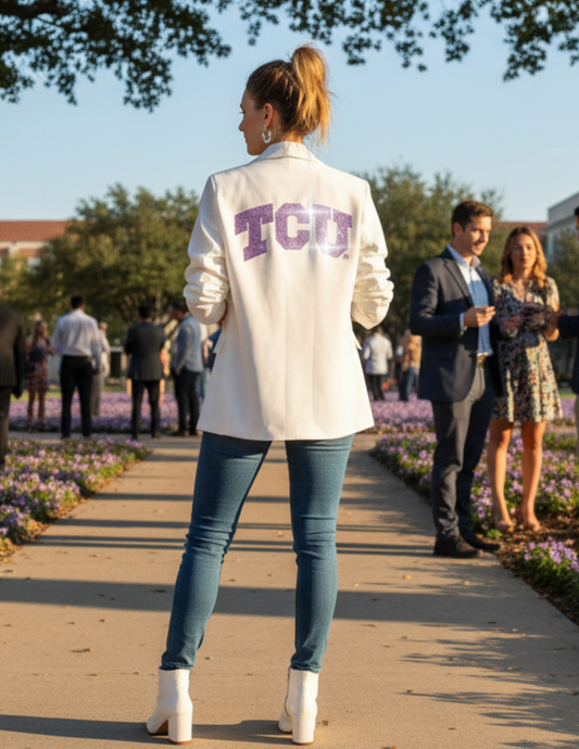 TCU Crystal Block Letters White Ruched Sleeve Blazer