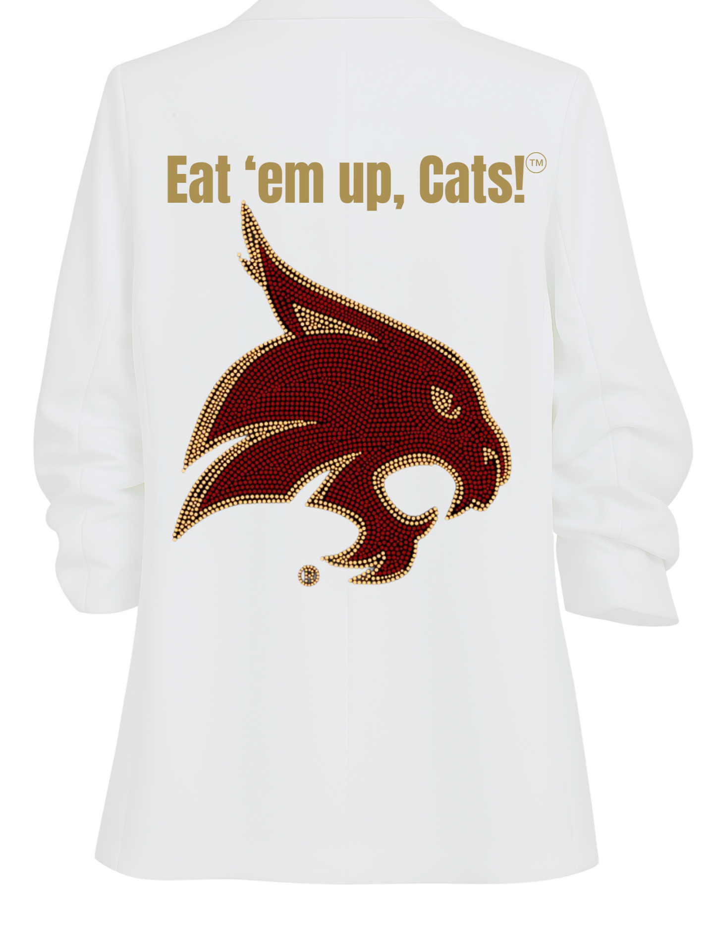 Game Day Blazer, Ruched White, Texas State Bobcat Eat Em Up Cats