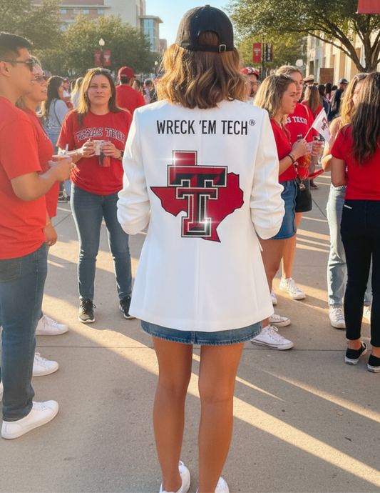 Game Day Blazer, Ruched White, Texas Tech TT State Wreck Em Tech