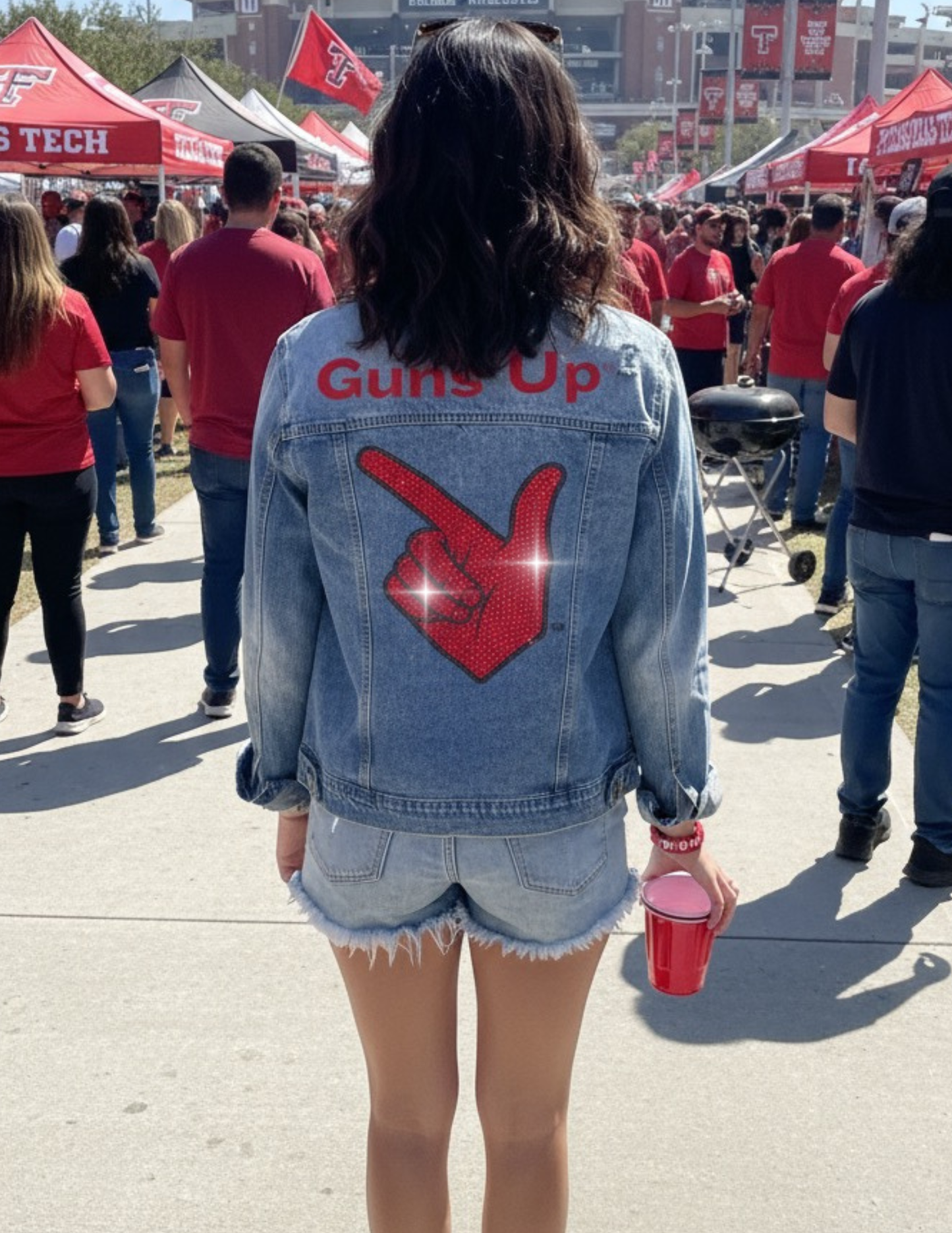 Game Day Jacket, Blue Denim, Texas Tech Guns Up Hand
