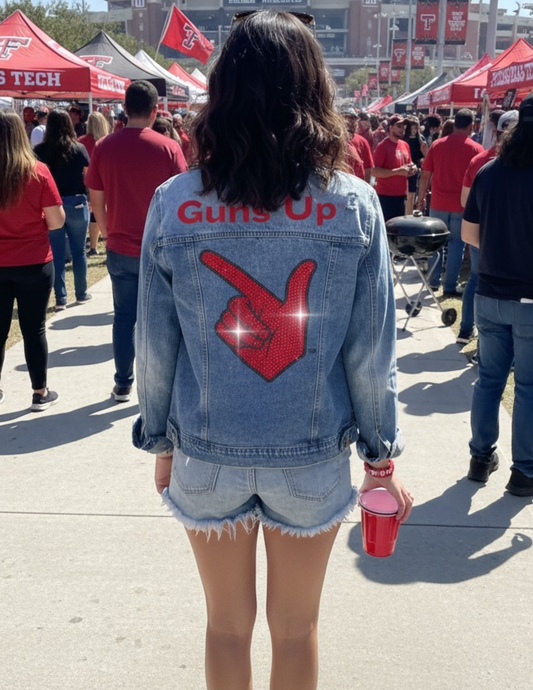 Game Day Jacket, Blue Denim, Texas Tech Guns Up Hand