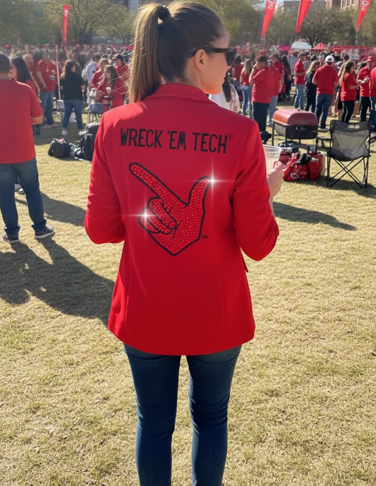 Game Day Blazer, Ruched Red, Texas Tech Wreck Em Tech Guns Up Hand