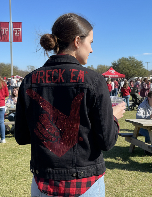 Game Day Jacket, Black Denim, Texas Tech Wreck 'Em Guns Up