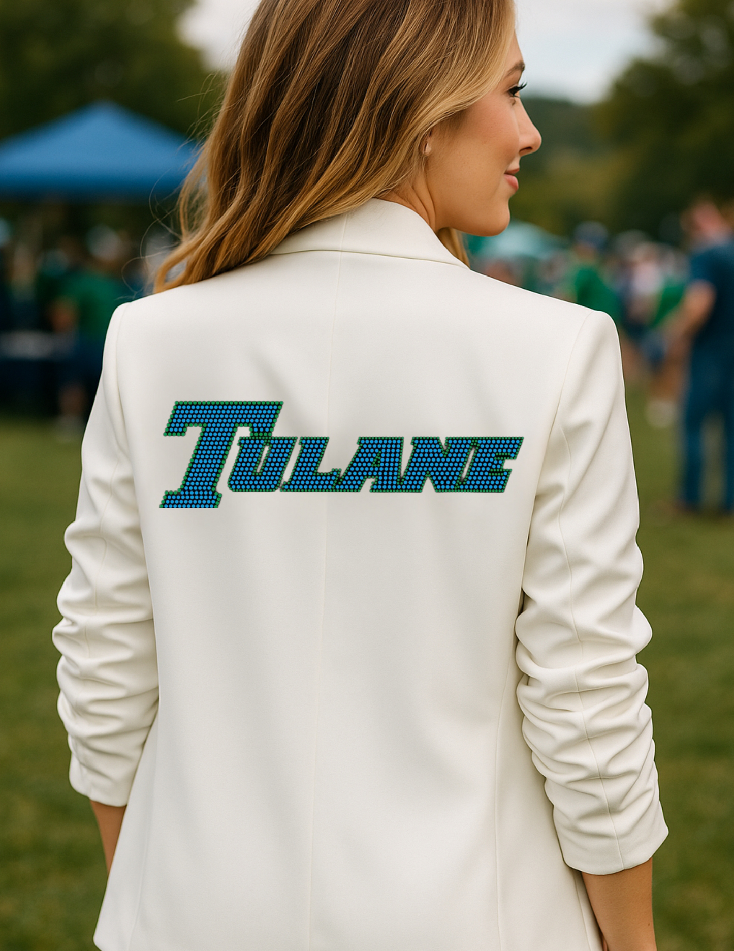 Tulane Script White Ruched Sleeve Blazer