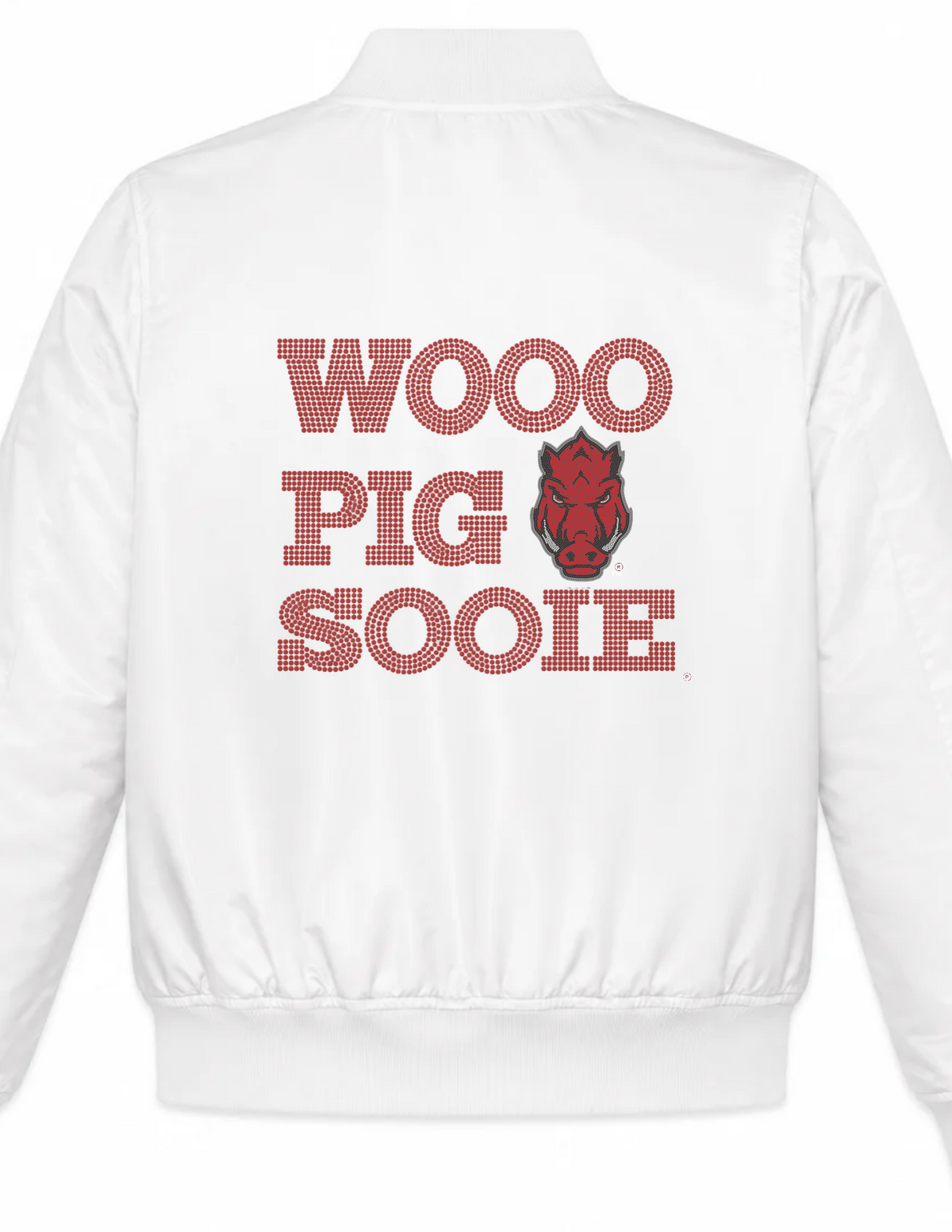 University of Arkansas Wooo Pig Sooie Razorback White Bomber Jacket