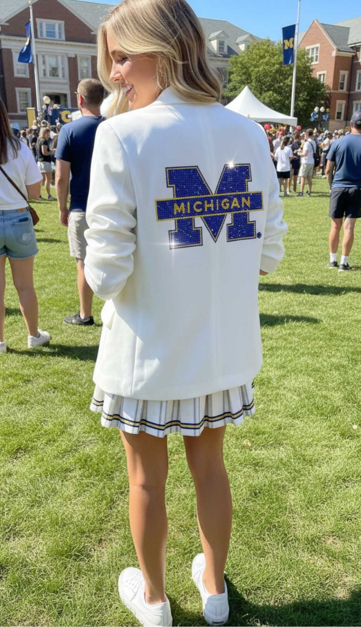 University of Michigan Block M White Ruched Sleeve Blazer