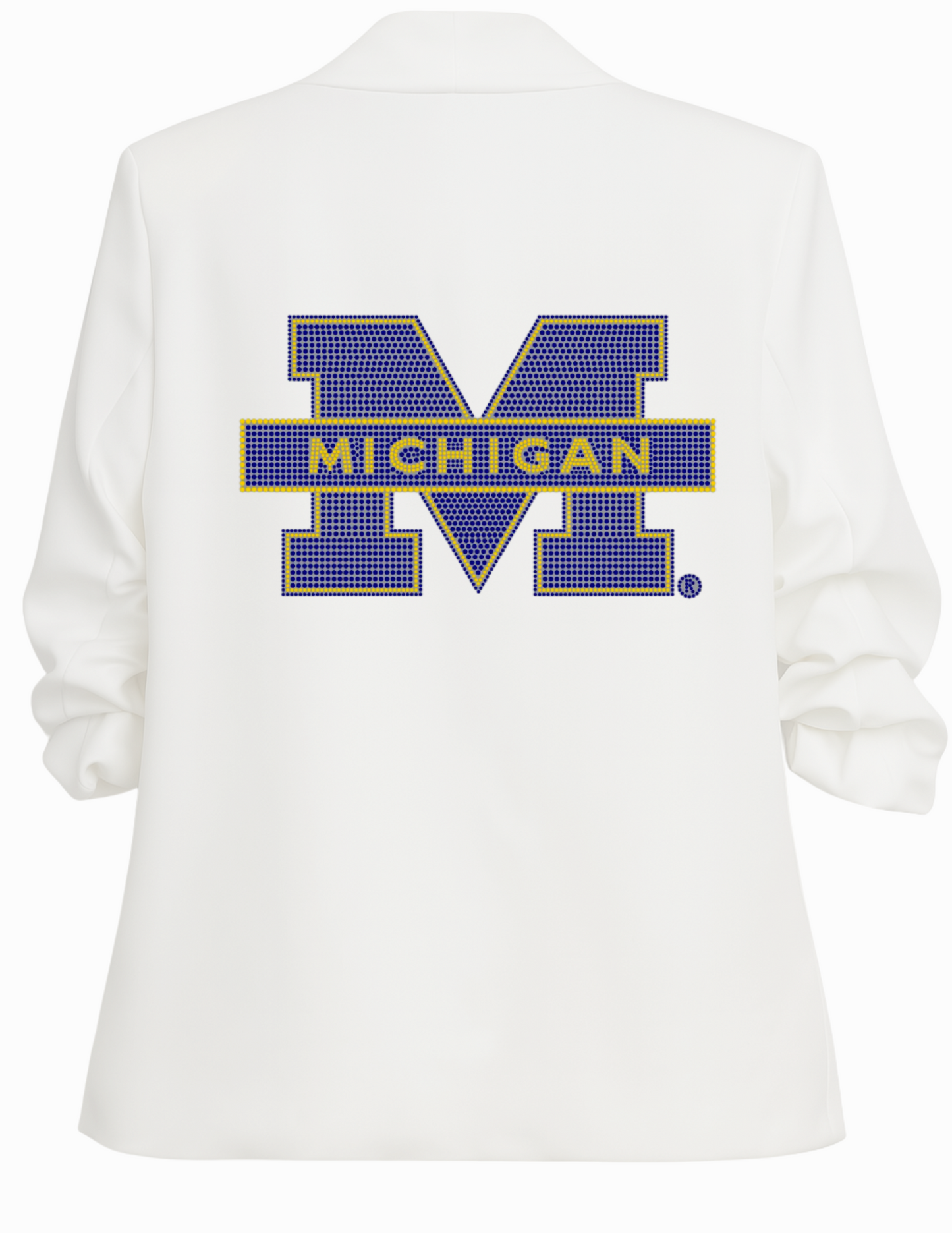 University of Michigan Block M White Ruched Sleeve Blazer