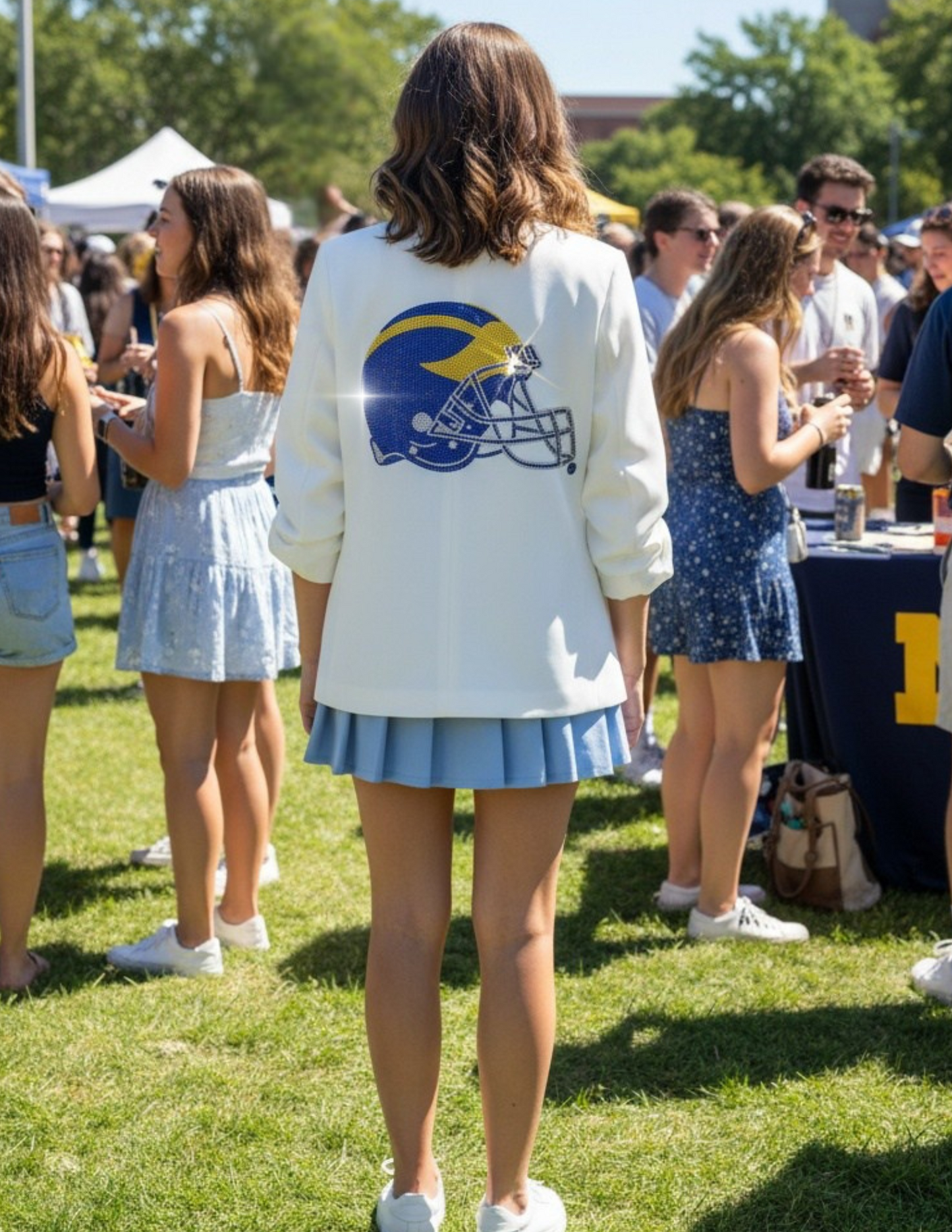 University of Michigan Helmet White Ruched Sleeve Blazer