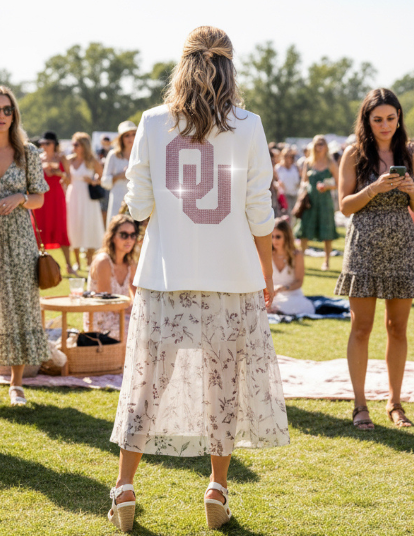 University of Oklahoma Interlocking OU White Ruched Sleeve Blazer