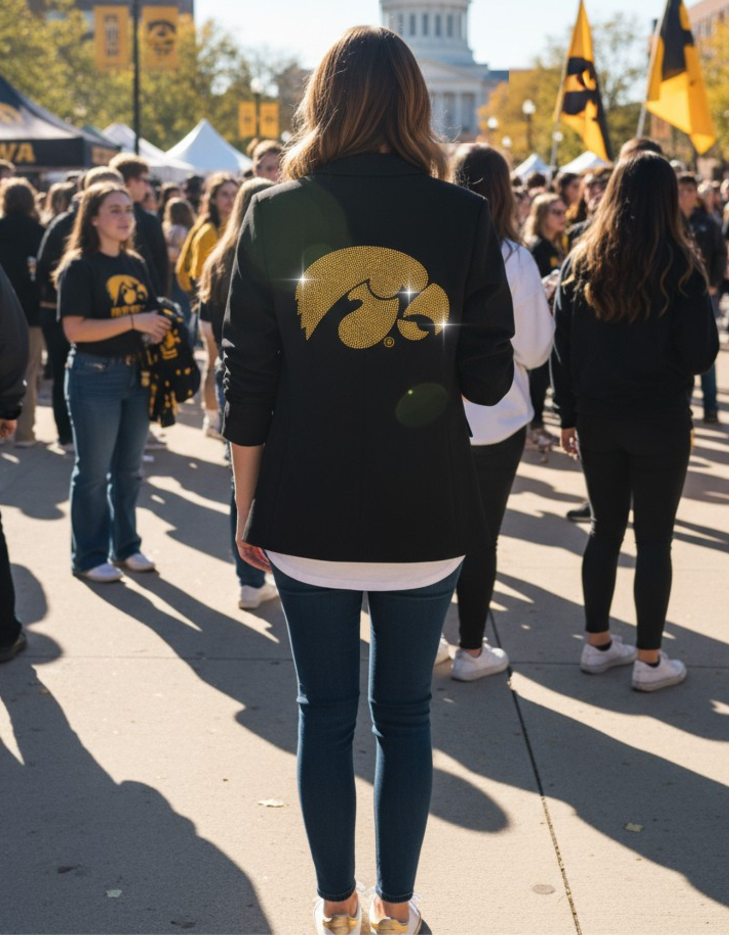 University of Iowa Yellow Tigerhawk Black Ruched Sleeve Blazer