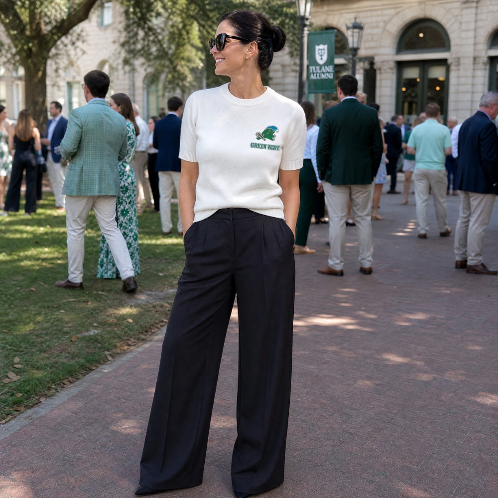 Tulane Small Green Wave Ivory Crewneck Short Sleeve Sweater