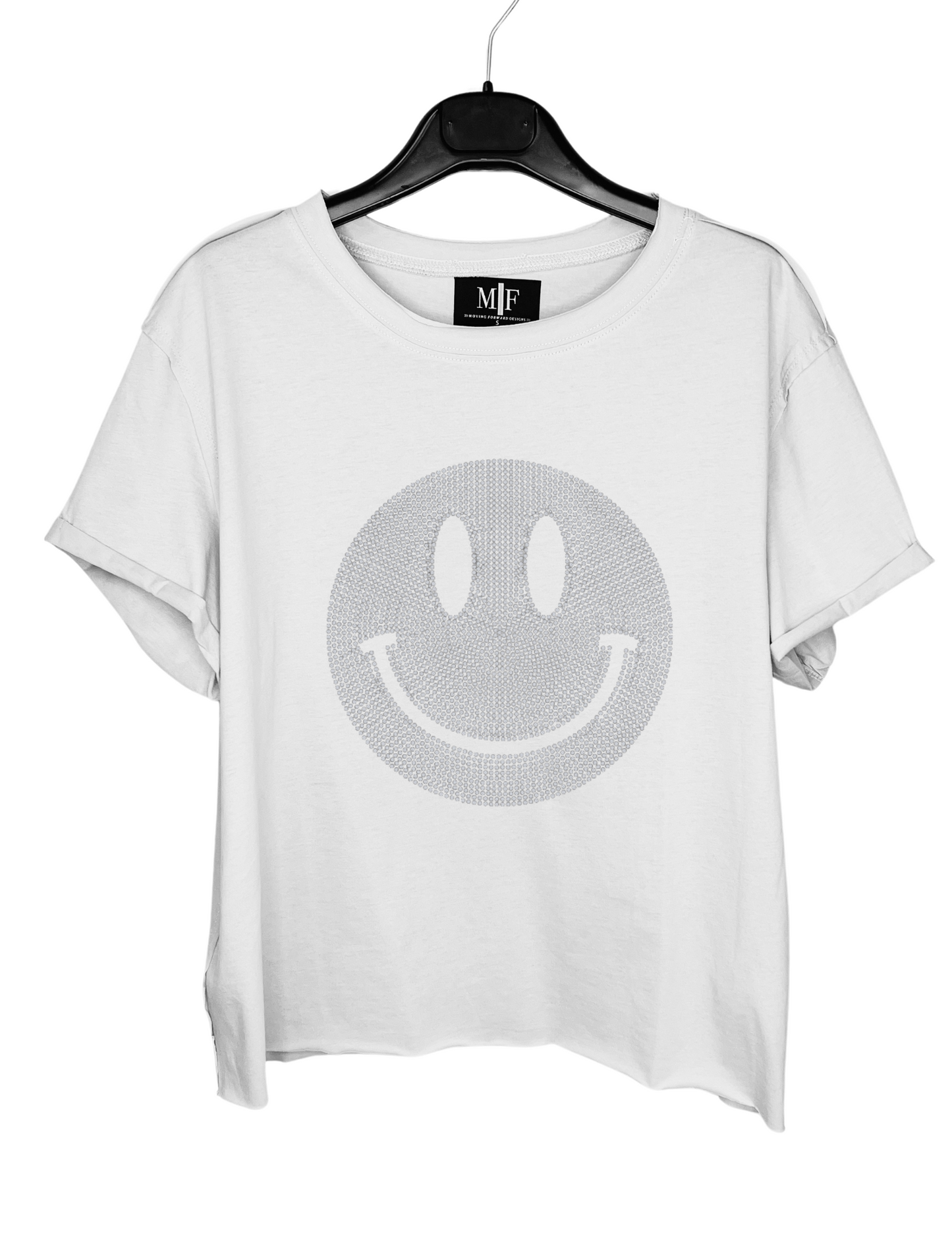 T-Shirt, Short Sleeve, Raw Edge, White Silver Crystal Smiley