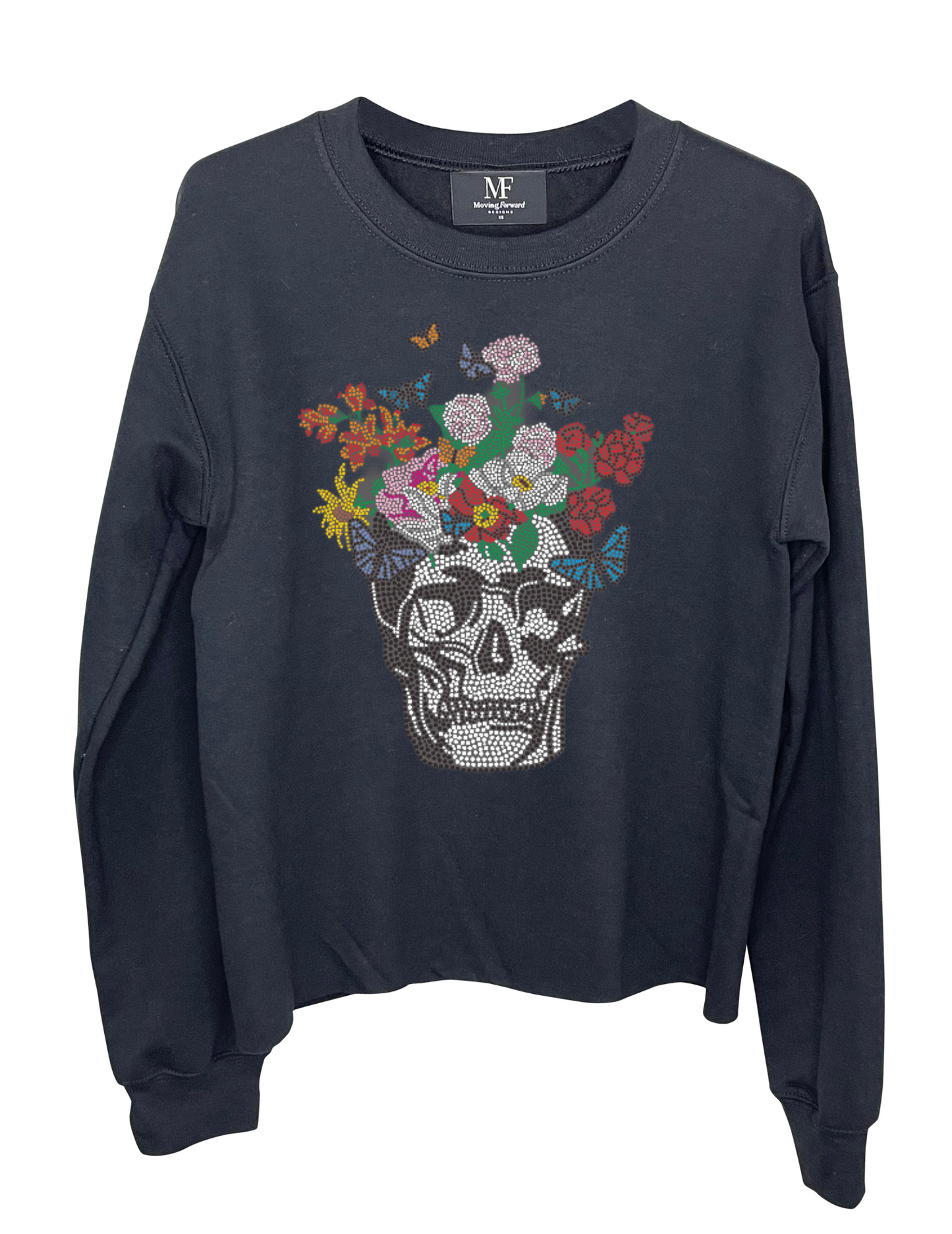 Sweatshirt, Crewneck Black, Skull Flowers