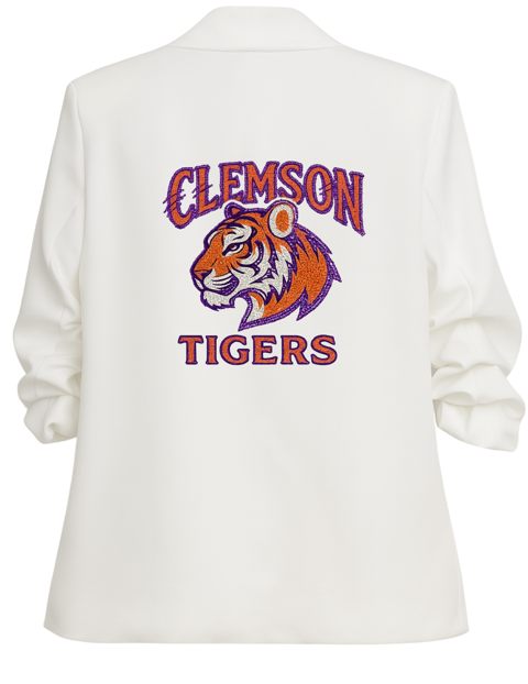 Clemson University Tiger Head Clemson Tigers White Ruched Sleeve Blazer