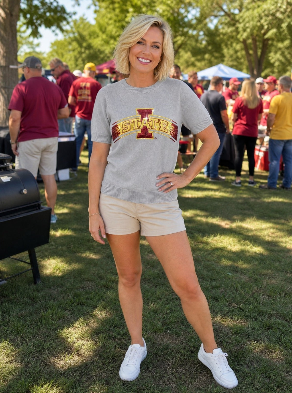 Iowa State Block I State Gray Short Sleeve Sweater