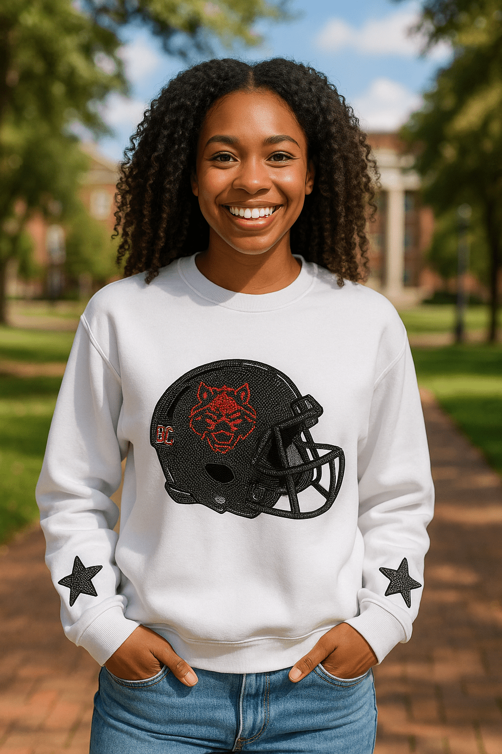 Game Day Sweatshirt, Crewneck White, Arkansas State Helmet & Stars