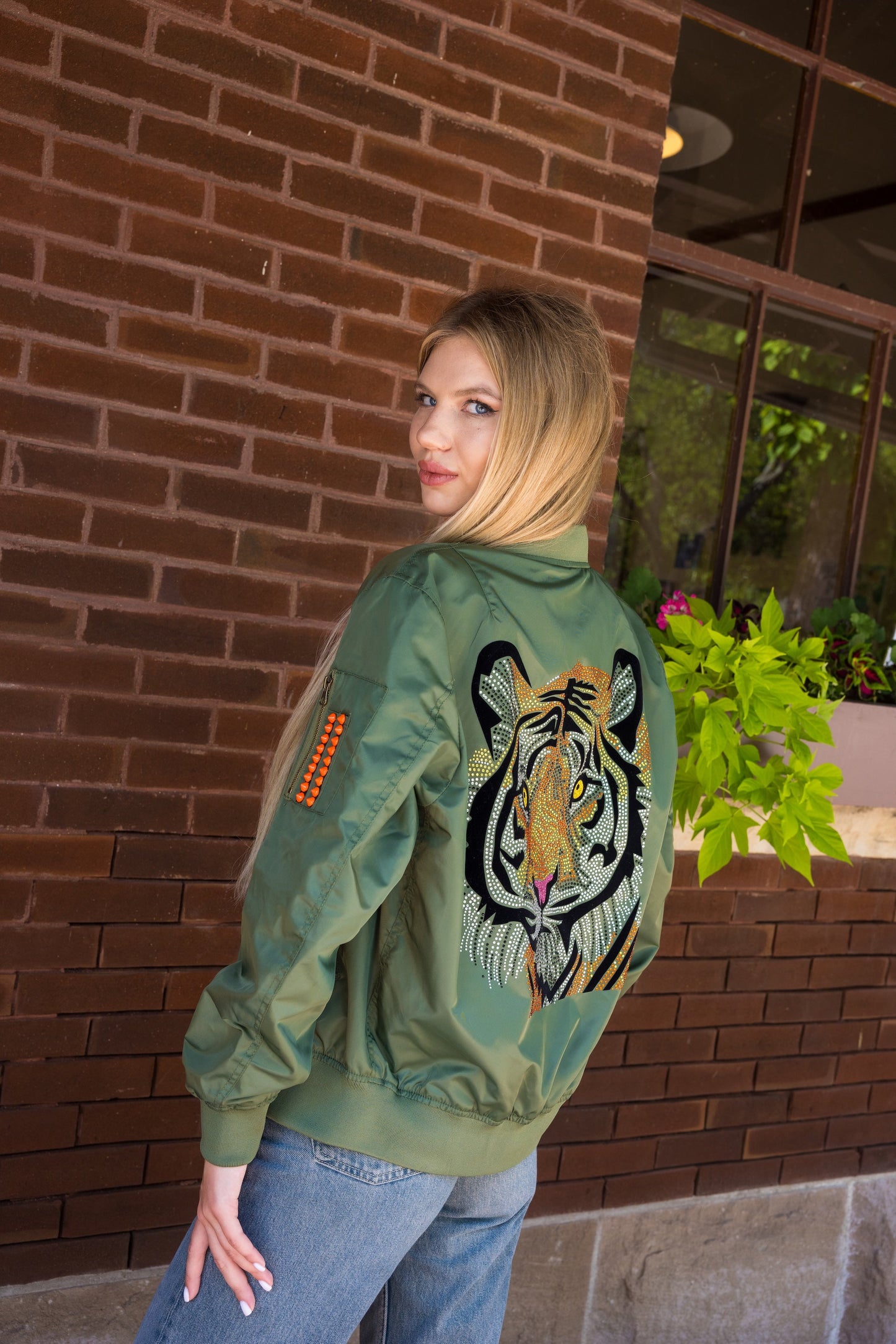 Jacket, Bomber Green, Tiger Face w/ Orange Studs