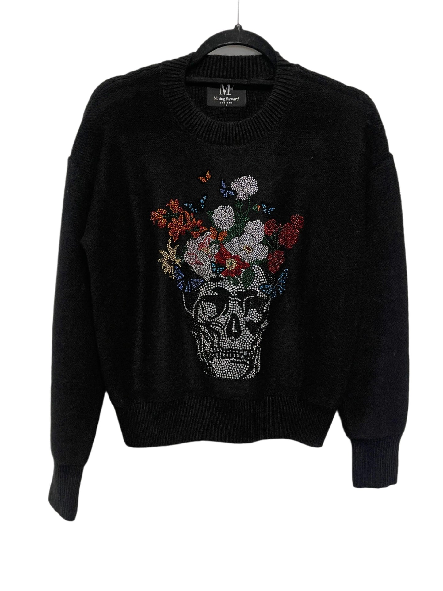 Skull Flowers Black Crewneck Sweater