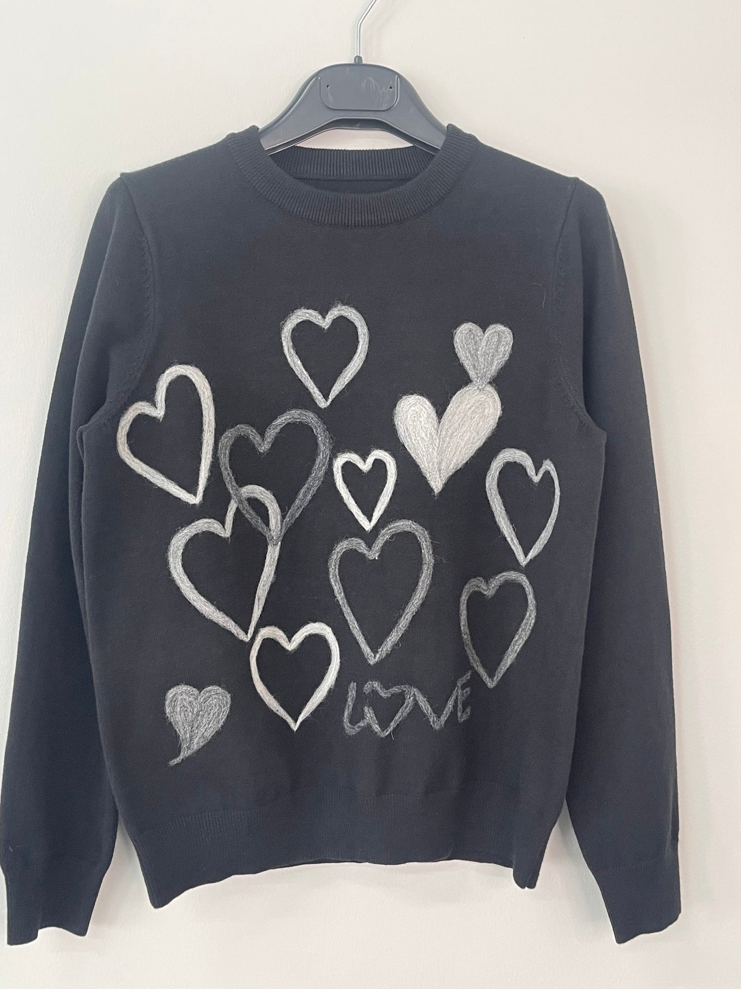 Black & Gray Embroidered Hearts Sweater