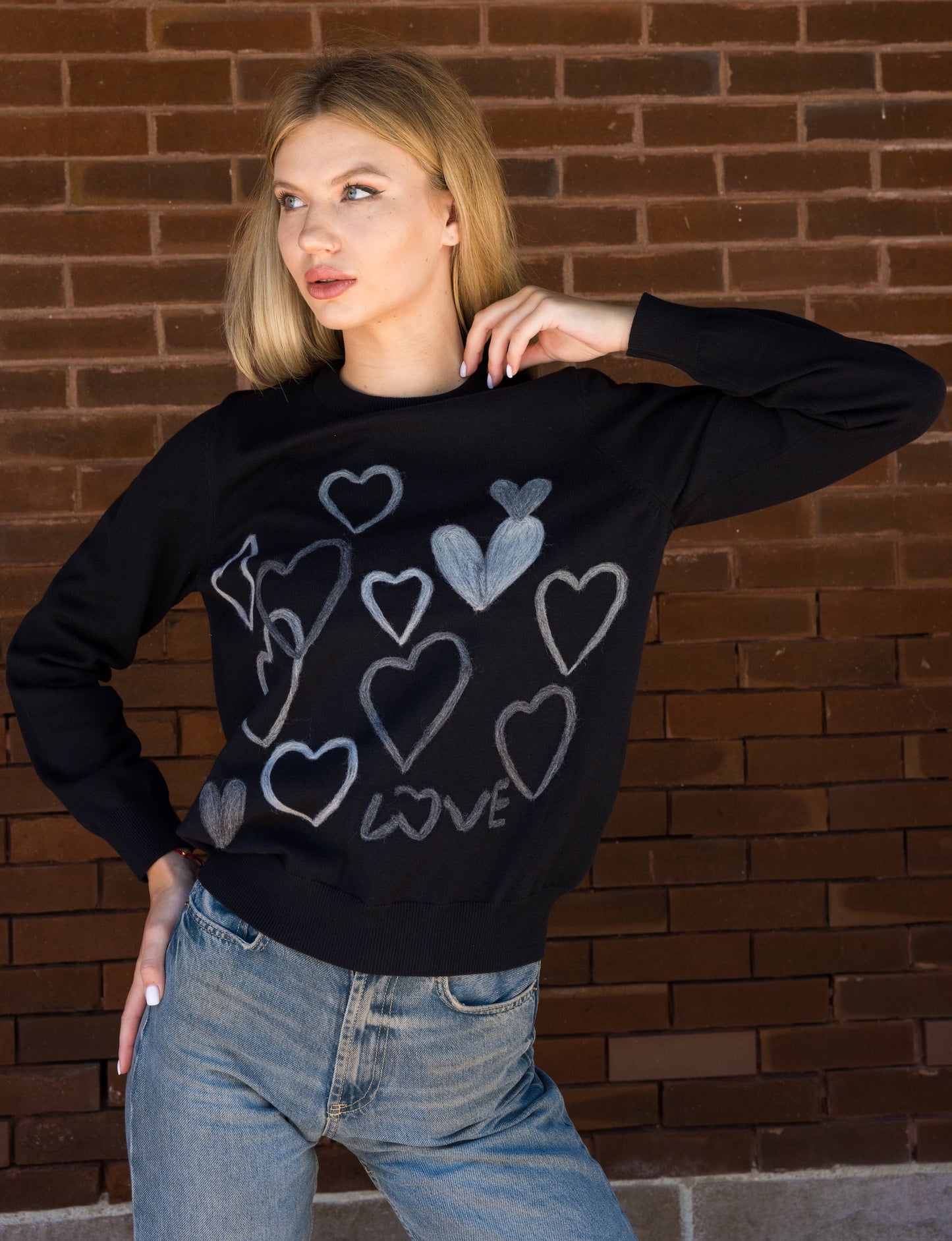 Sweater, Embroidered Hearts, Black & Gray