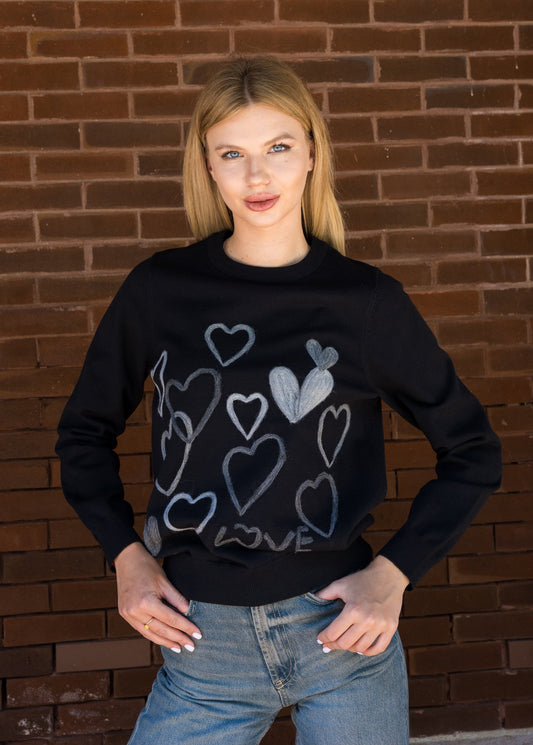 Black & Gray Embroidered Hearts Sweater