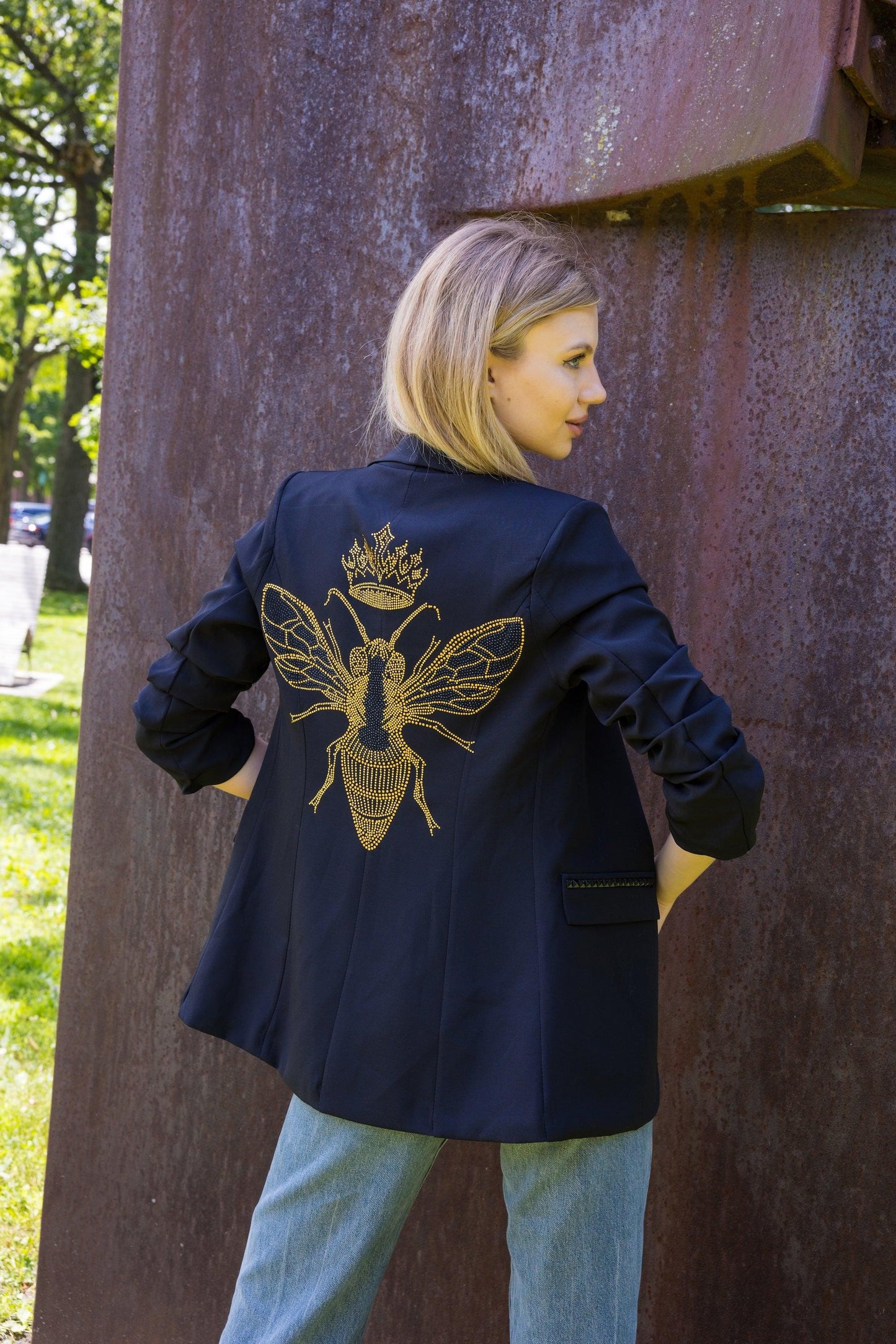 Black Ruched Blazer with Pinstripe Lining with Crystal Gold Queen Bee