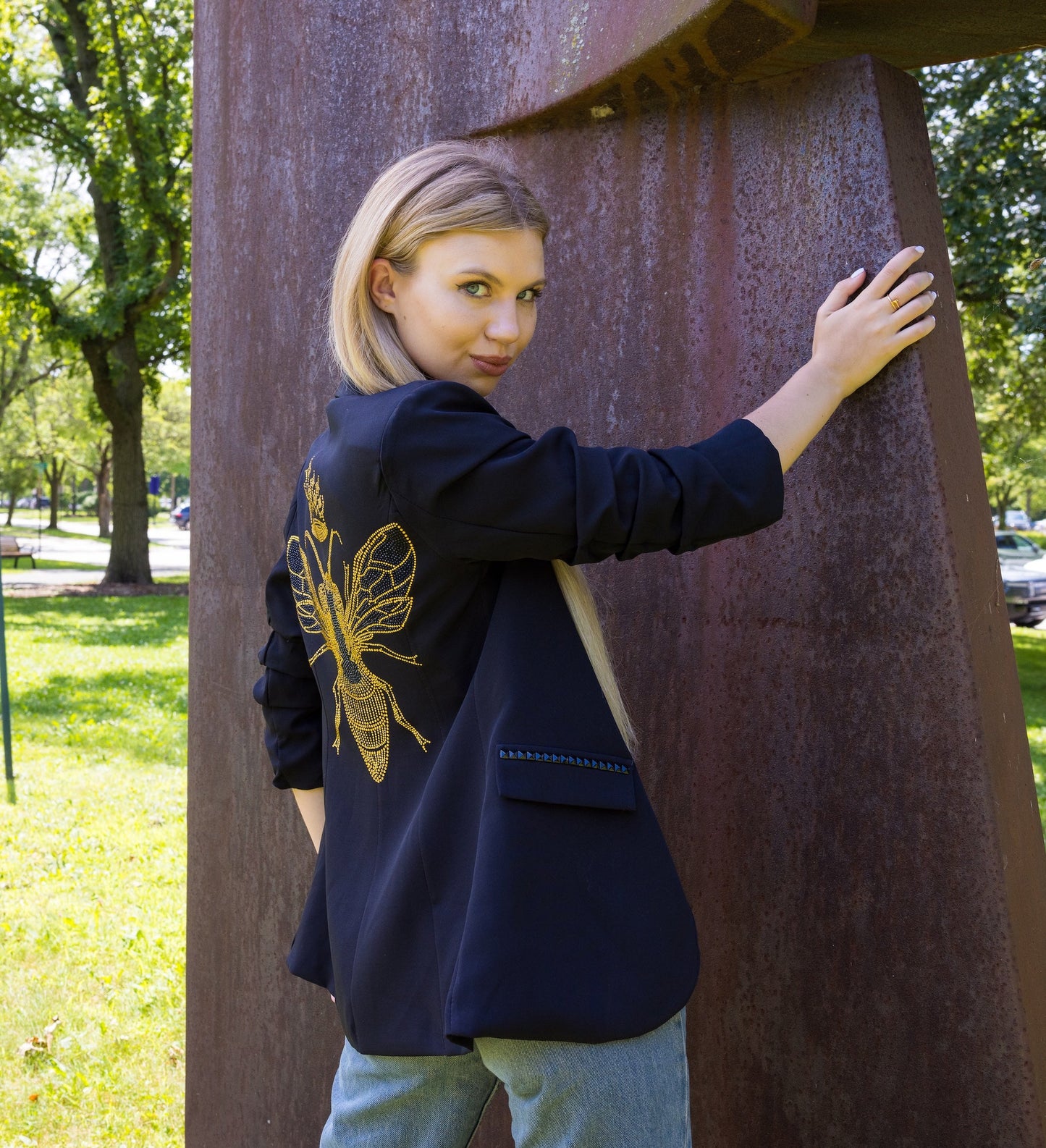 Blazer, Ruched Black, Gold Queen Bee w/ Black Pocket Studs