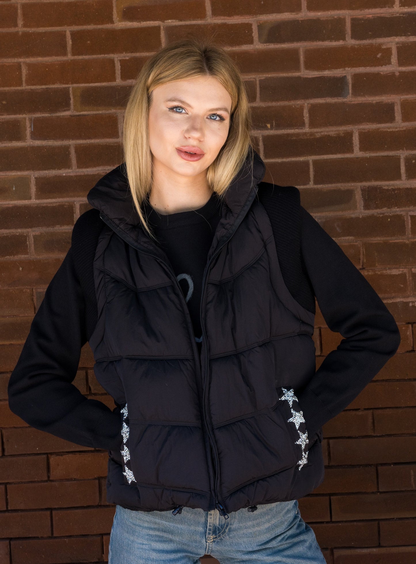 Vest, Puffer Black, Silver Stars