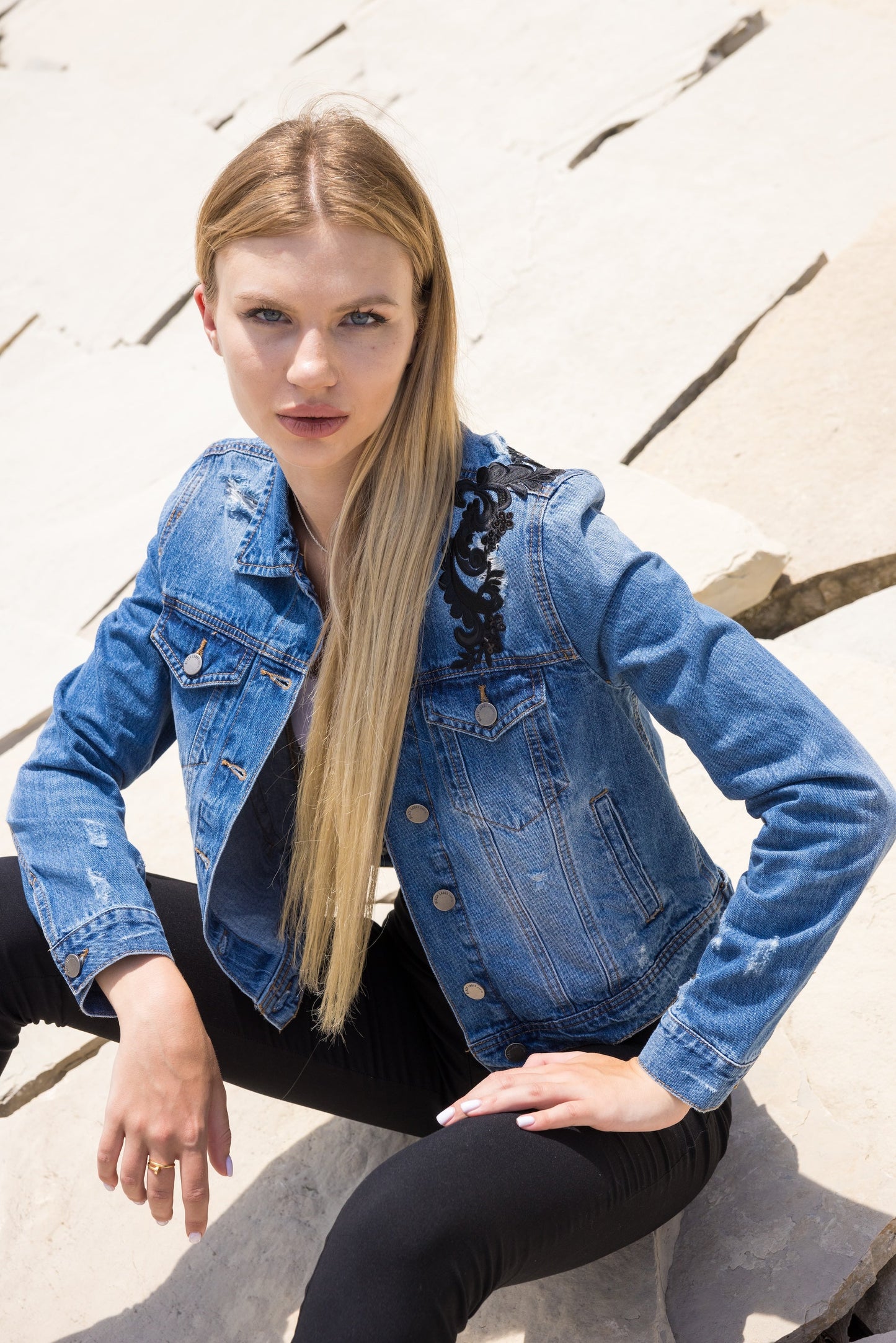 Jacket, Blue Denim, Black Floral Design