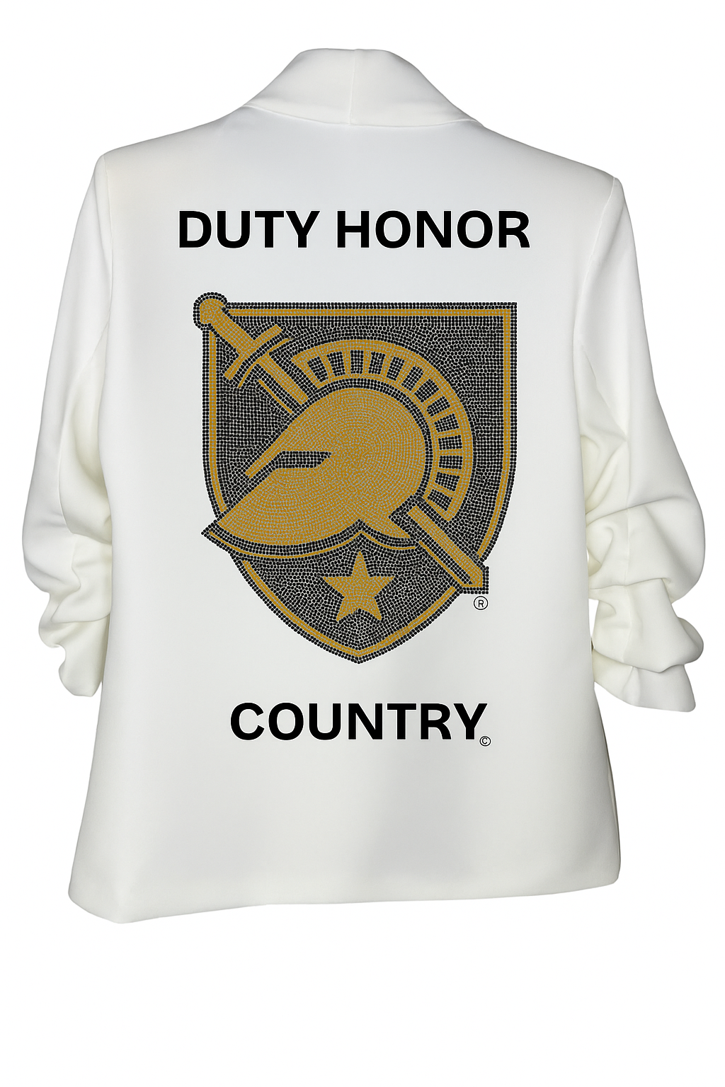 Game Day Blazer, White Ruched, Army West Point Duty Honor Country Athena Shield