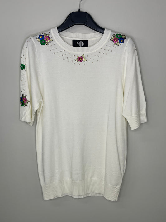 Sweater, Short Sleeve, Cream with Flowers & Gold Crystals