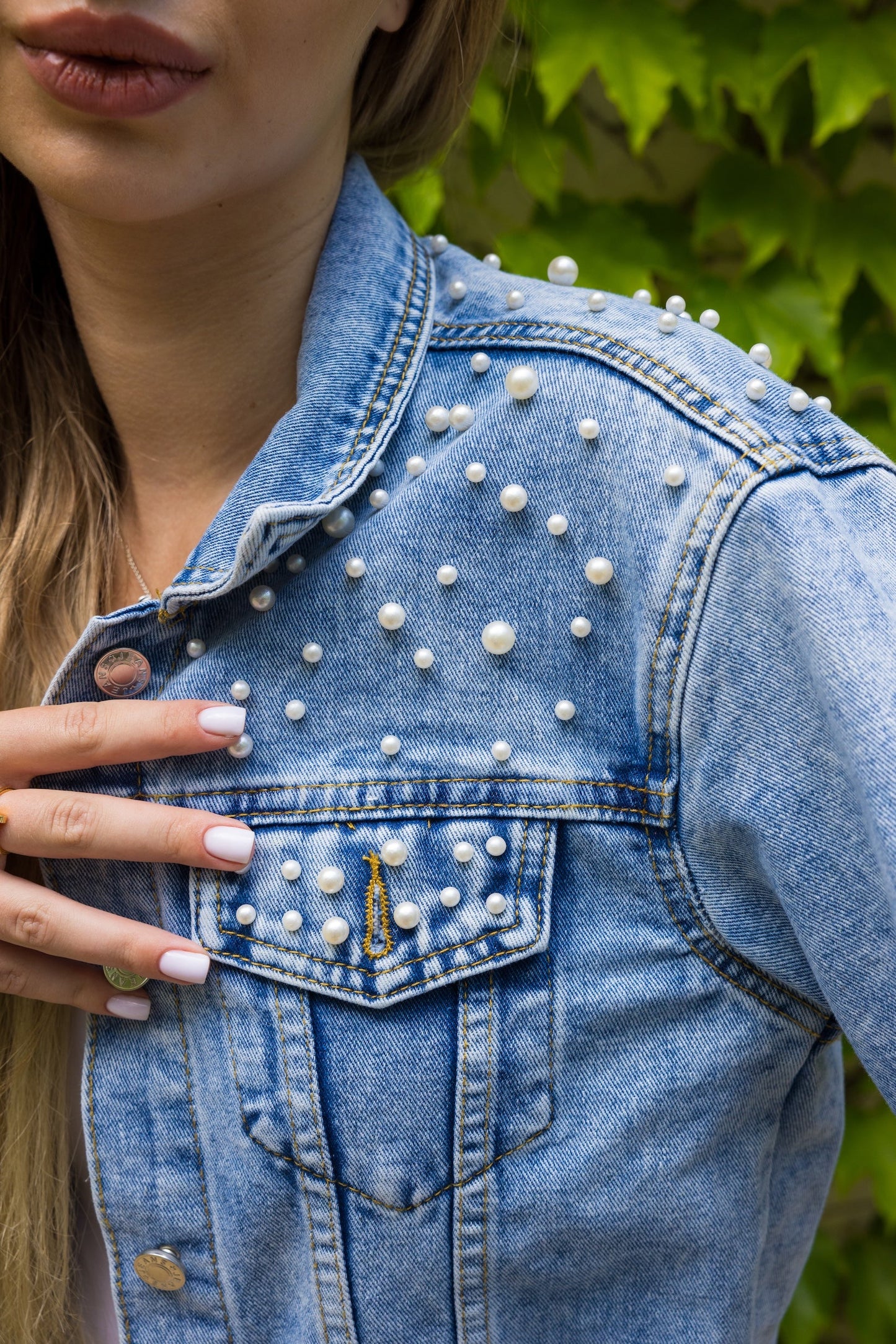 Jacket, Blue Denim, Pearls & Gunmetal Queen Bee