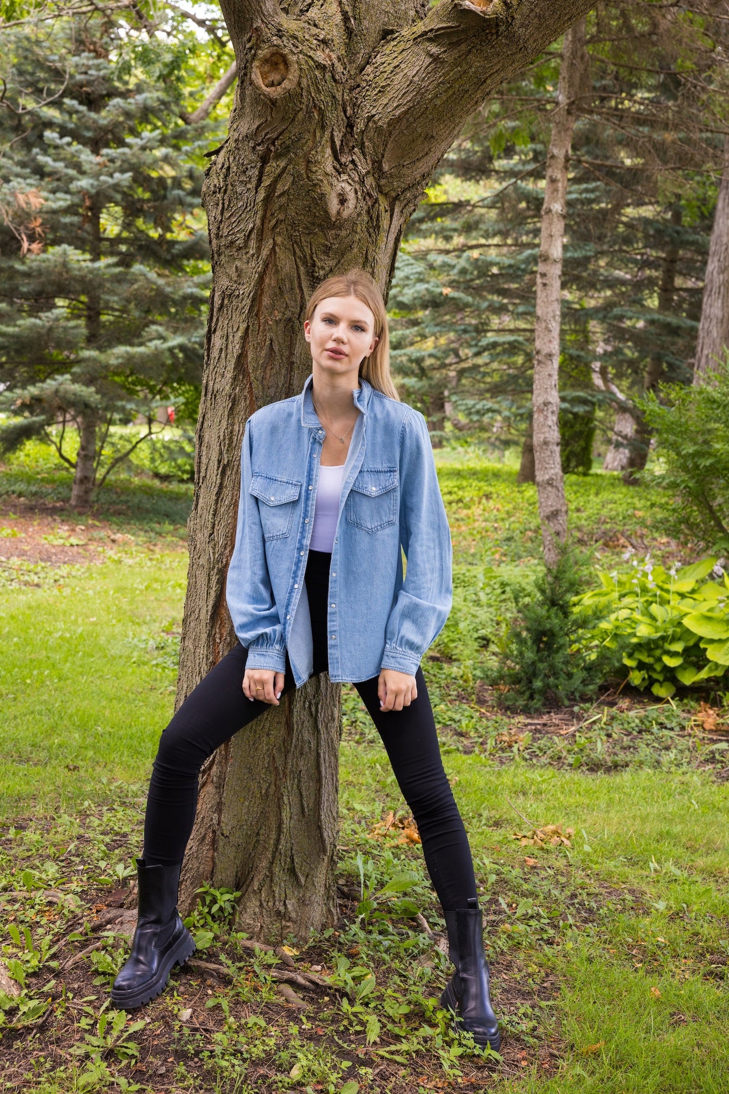 Shirt, Denim Shirred, Circle Bolt