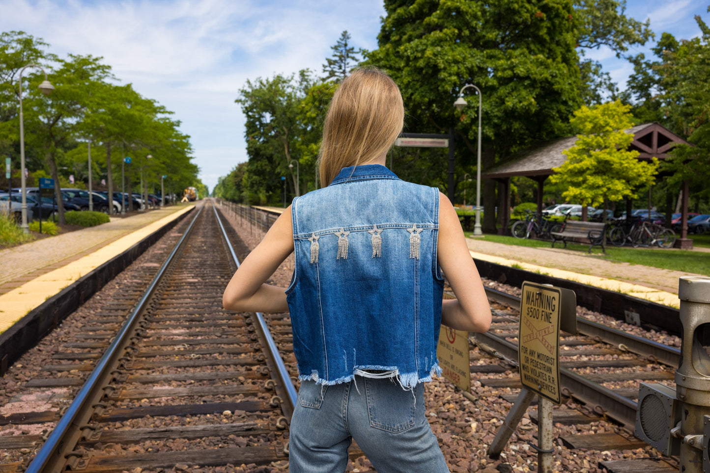 Vest, Denim, Front Pocket/Back Star Fringe