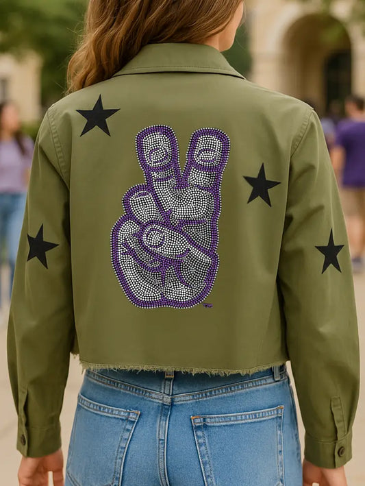 TCU Frog Horns Hand Sign Logo Army Green Shacket