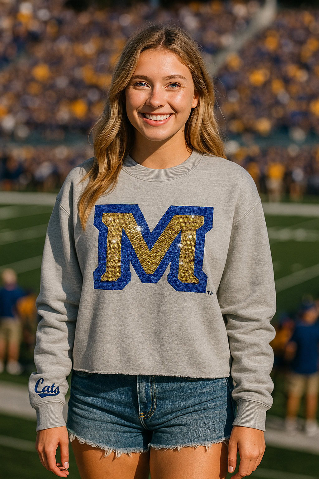 Montana State Block M & Cats Script Gray Crewneck Sweatshirt