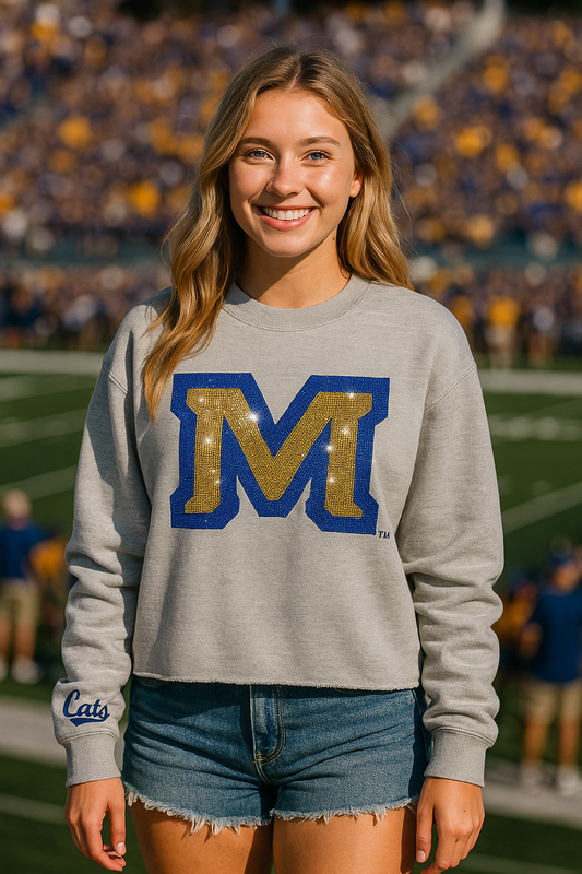 Montana State Block M & Cats Script Gray Crewneck Sweatshirt