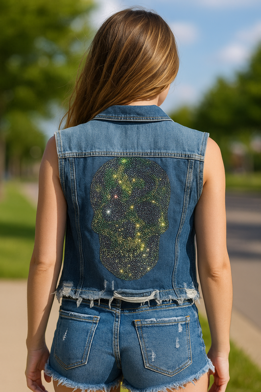 Vest, Denim, Camo Skull