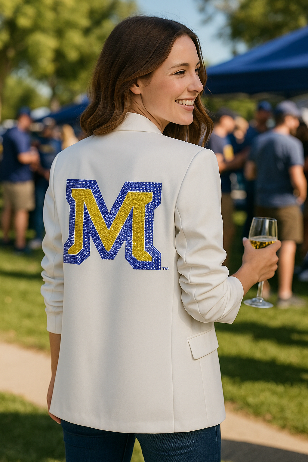 Montana State Block M White Ruched Sleeve Blazer