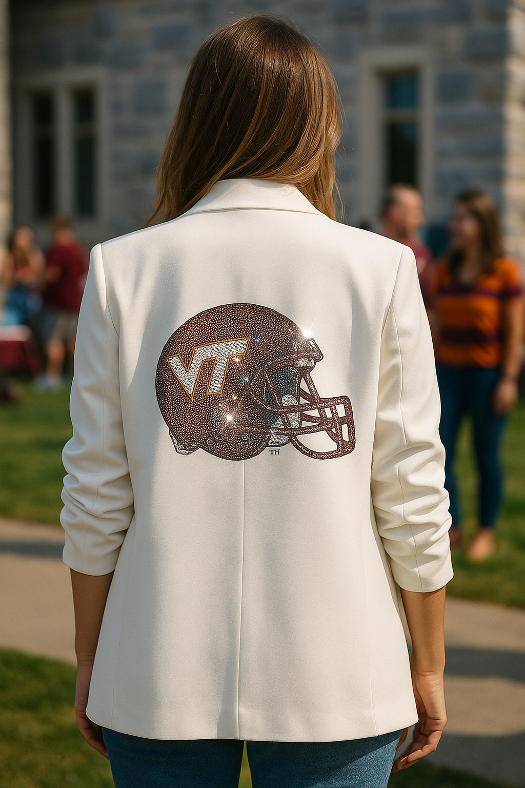 Virginia Tech Helmet White Ruched Sleeve Blazer