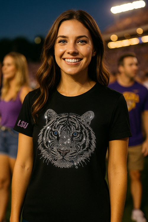 LSU Silver Tiger Face Black Crewneck Short Sleeve T-Shirt